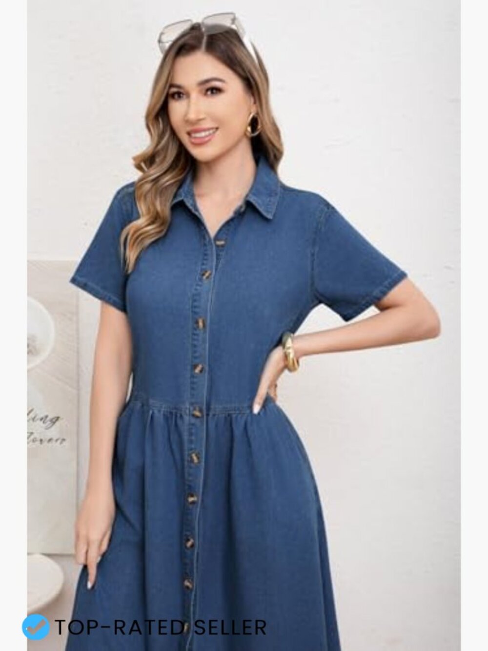 Denim Shirt Dress Oversized A-Line Midi Button Down Frayed Hem - Picture 7 of 7